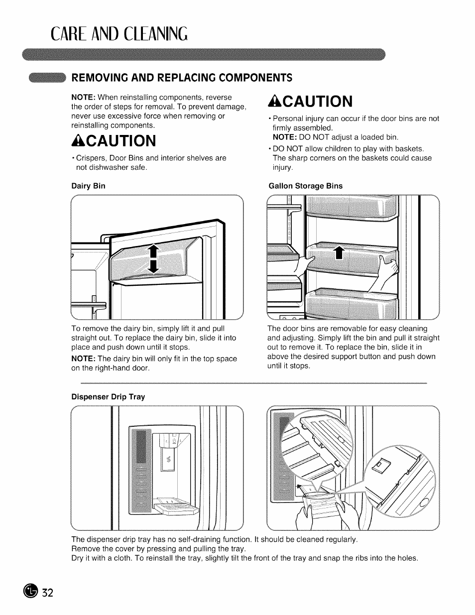 Removing and replacing components, Care and cleaning, Acaution | LG LMX28G83 User Manual | Page 32 / 46