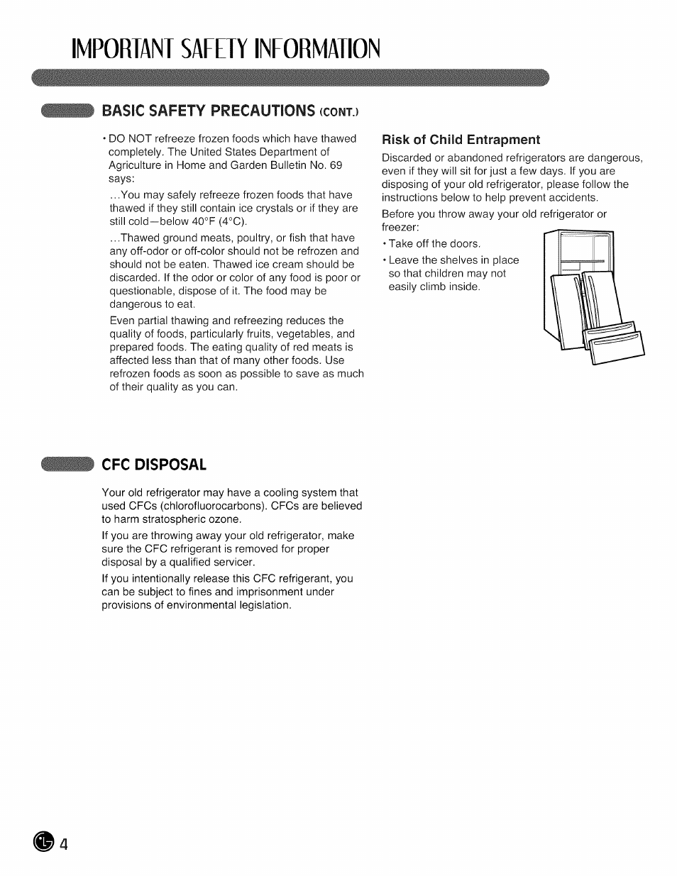 Basic safety precautions (cont.), Risk of child entrapment, Cfc disposal | Important safety information, Basic safety precautions | LG LMX28G83 User Manual | Page 4 / 46