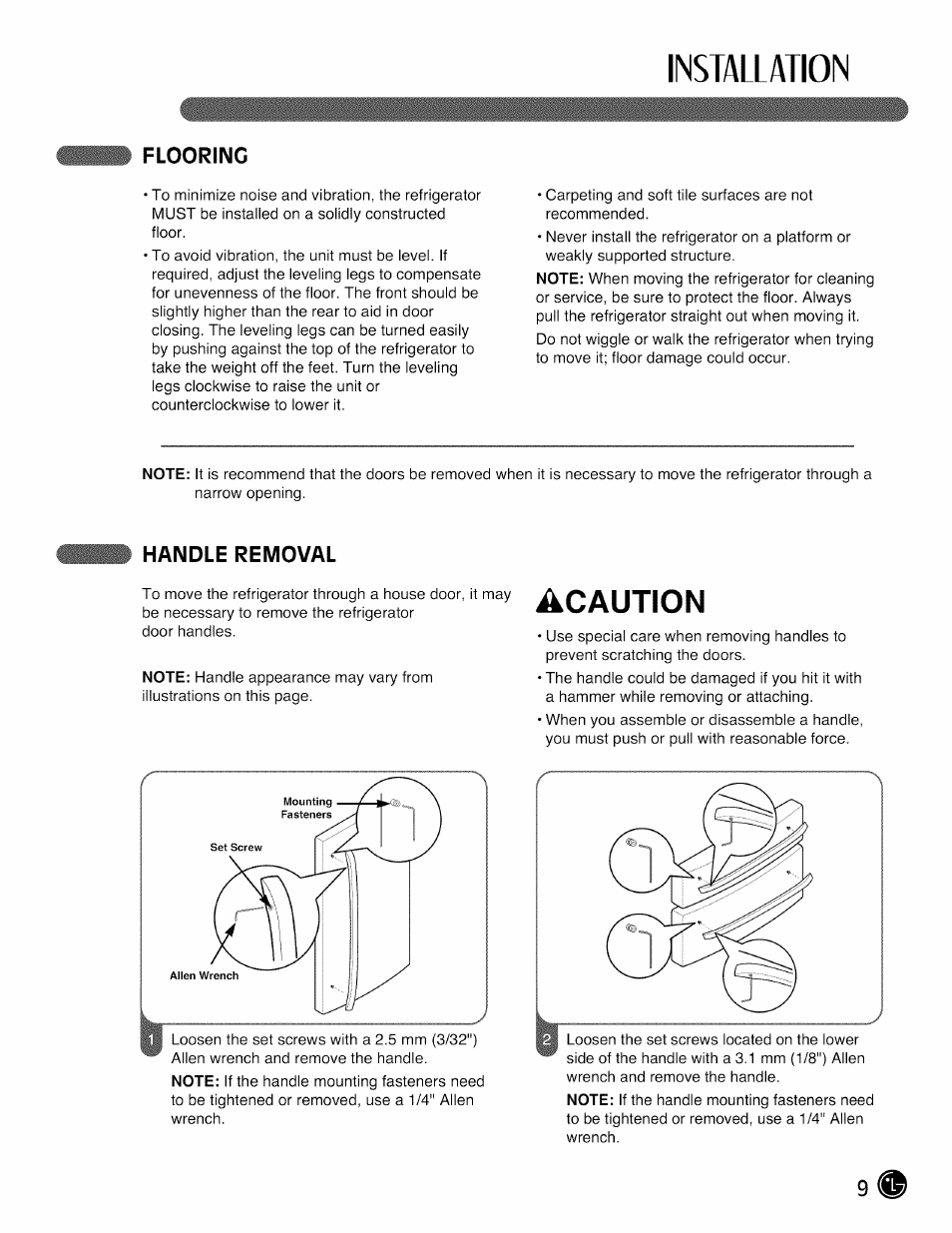 Flooring, Handle removal, Installation | Acaution | LG LMX28G83 User Manual | Page 9 / 46