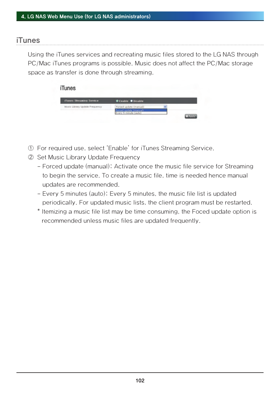 Itunes | LG Network Attached Storage with built-in Blu-ray Rewriter N4B1 User Manual | Page 102 / 157