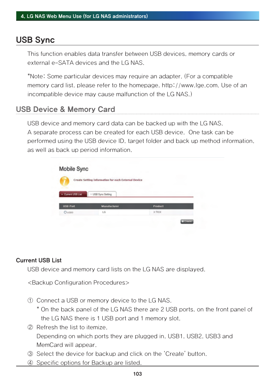 Usb sync, Usb device & memory card | LG Network Attached Storage with built-in Blu-ray Rewriter N4B1 User Manual | Page 103 / 157