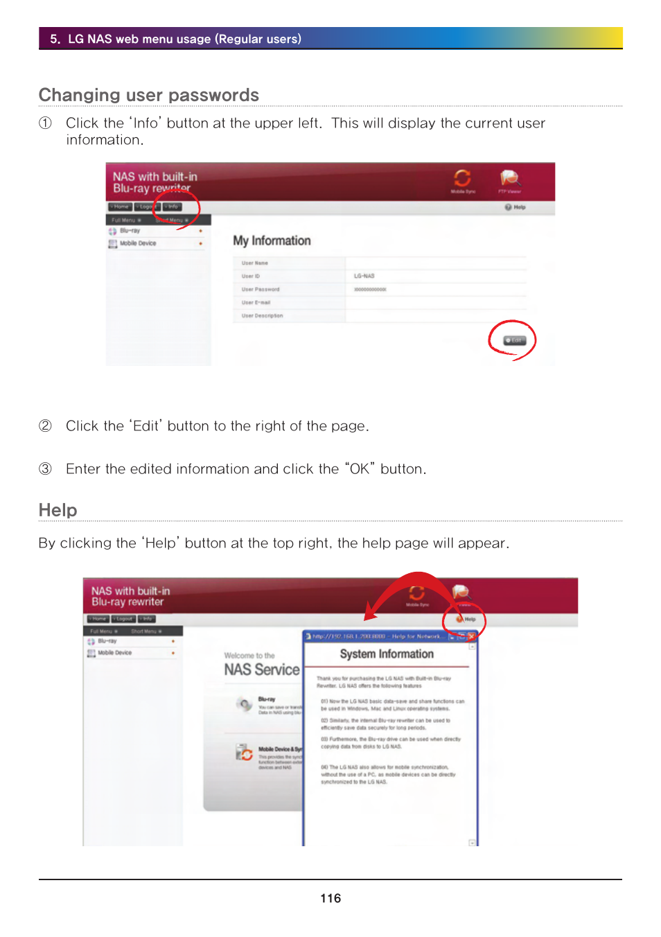 Changing user passwords, Help, Changing user passwords help | LG Network Attached Storage with built-in Blu-ray Rewriter N4B1 User Manual | Page 116 / 157