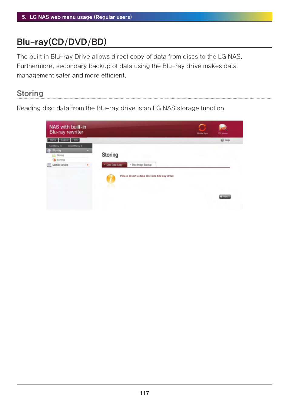 Blu-ray(cd/dvd/bd), Storing | LG Network Attached Storage with built-in Blu-ray Rewriter N4B1 User Manual | Page 117 / 157