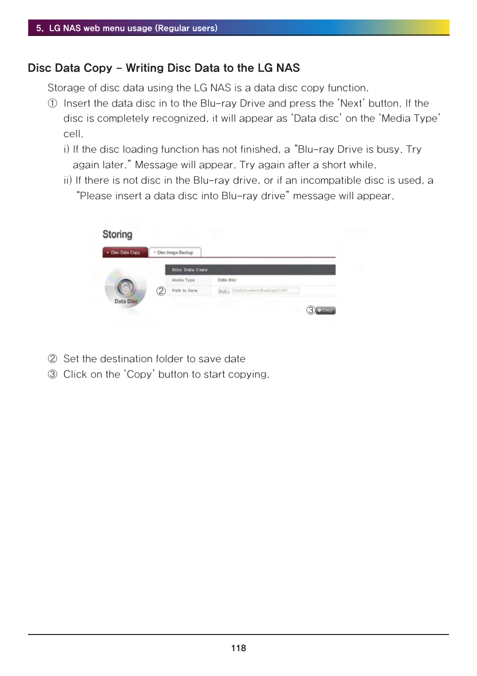Disc data copy - writing disc data to the lg nas | LG Network Attached Storage with built-in Blu-ray Rewriter N4B1 User Manual | Page 118 / 157