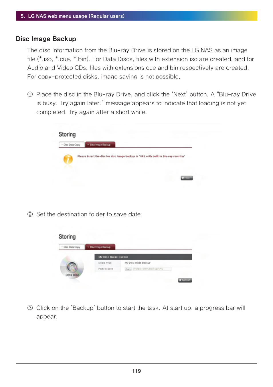 Disc image backup | LG Network Attached Storage with built-in Blu-ray Rewriter N4B1 User Manual | Page 119 / 157