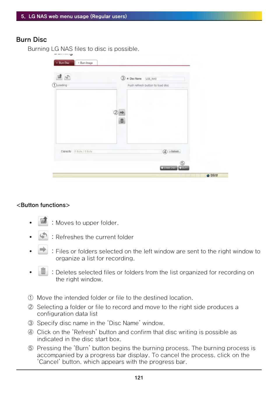 Burn disc | LG Network Attached Storage with built-in Blu-ray Rewriter N4B1 User Manual | Page 121 / 157