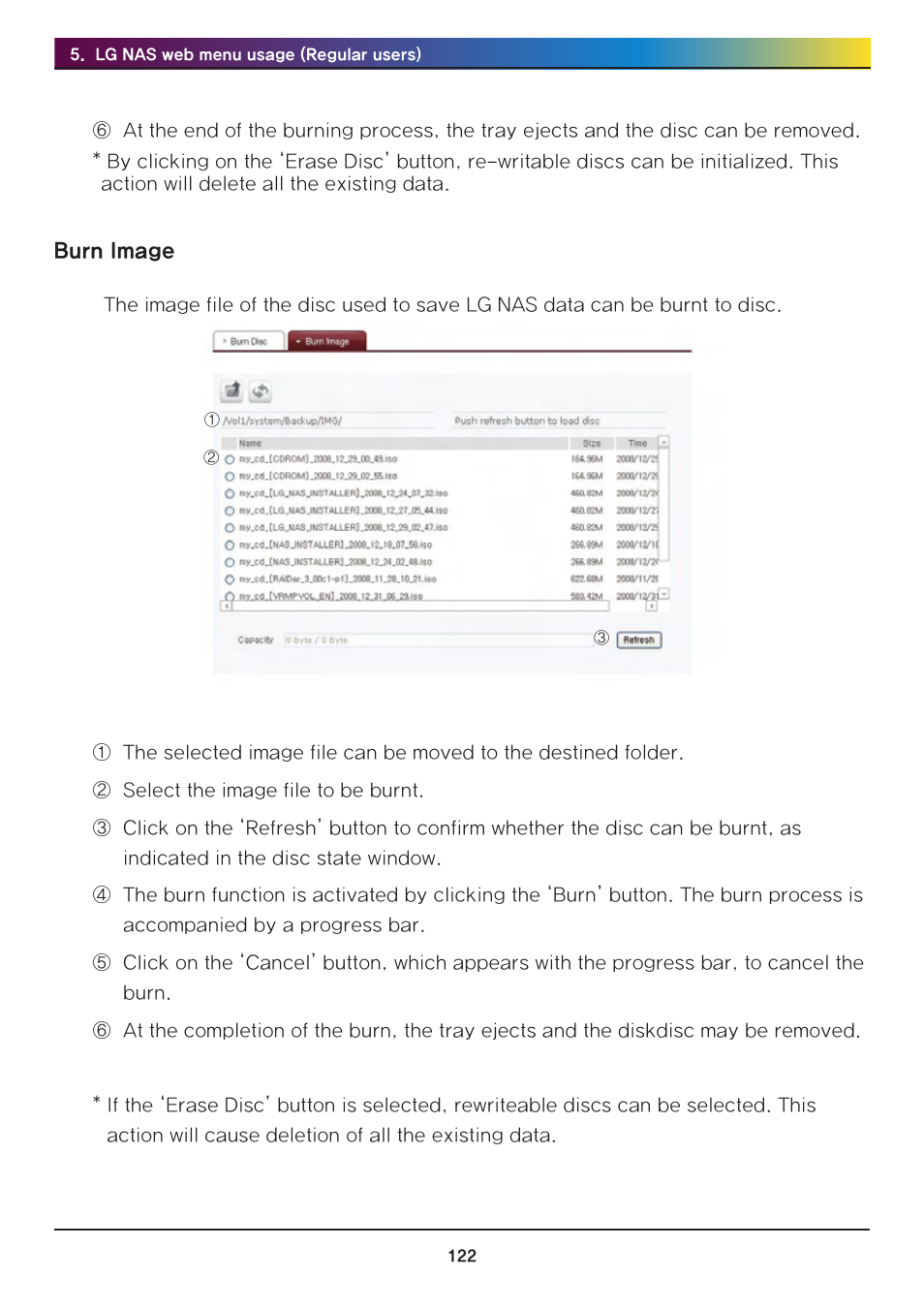 Burn image | LG Network Attached Storage with built-in Blu-ray Rewriter N4B1 User Manual | Page 122 / 157