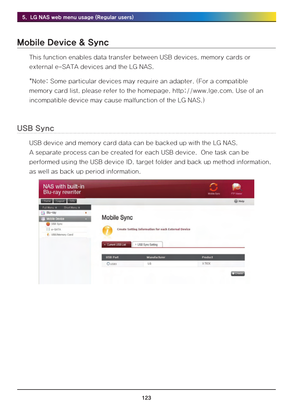 Mobile device & sync, Usb sync | LG Network Attached Storage with built-in Blu-ray Rewriter N4B1 User Manual | Page 123 / 157