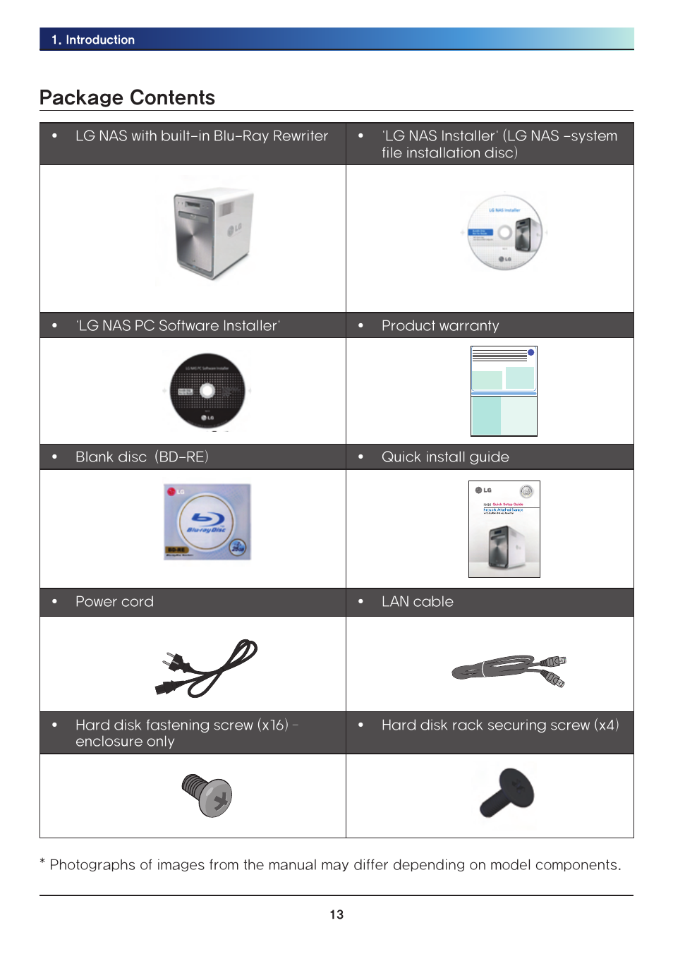 Package contents | LG Network Attached Storage with built-in Blu-ray Rewriter N4B1 User Manual | Page 13 / 157