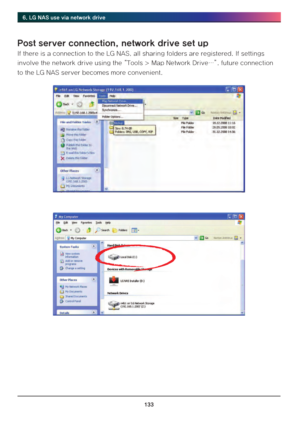 Post server connection, network drive set up | LG Network Attached Storage with built-in Blu-ray Rewriter N4B1 User Manual | Page 133 / 157