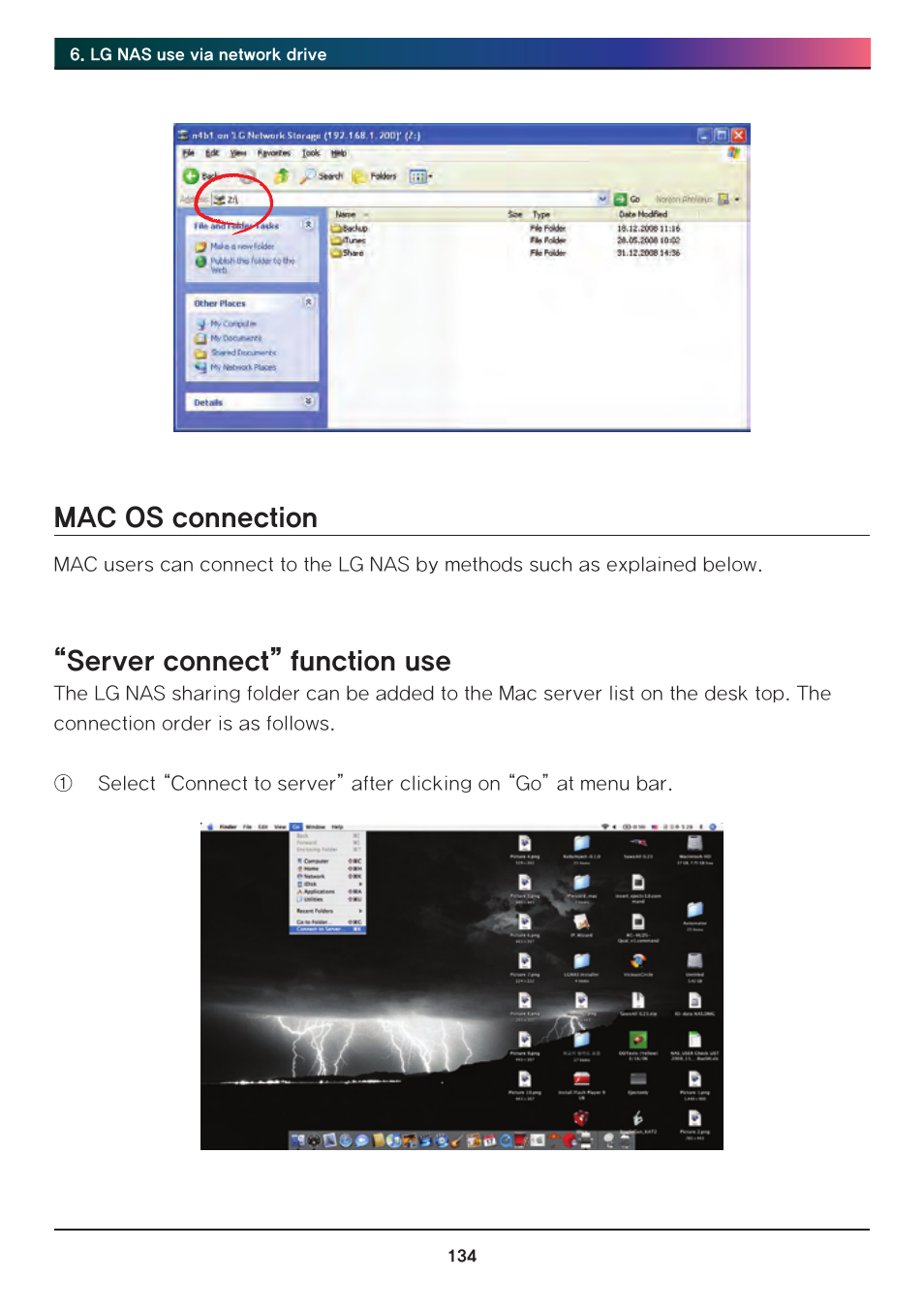 Mac os connection, Server connect” function use | LG Network Attached Storage with built-in Blu-ray Rewriter N4B1 User Manual | Page 134 / 157