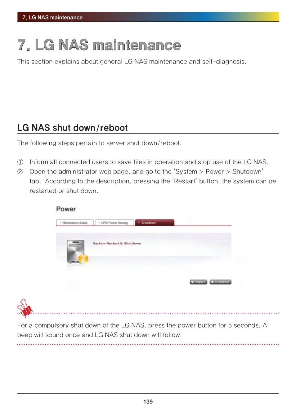 Lg nas maintenance, Lg nas shut down/reboot | LG Network Attached Storage with built-in Blu-ray Rewriter N4B1 User Manual | Page 139 / 157