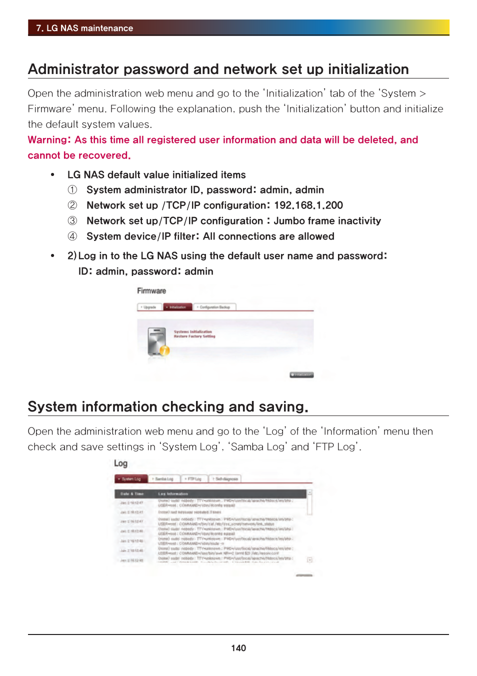 System information checking and saving | LG Network Attached Storage with built-in Blu-ray Rewriter N4B1 User Manual | Page 140 / 157