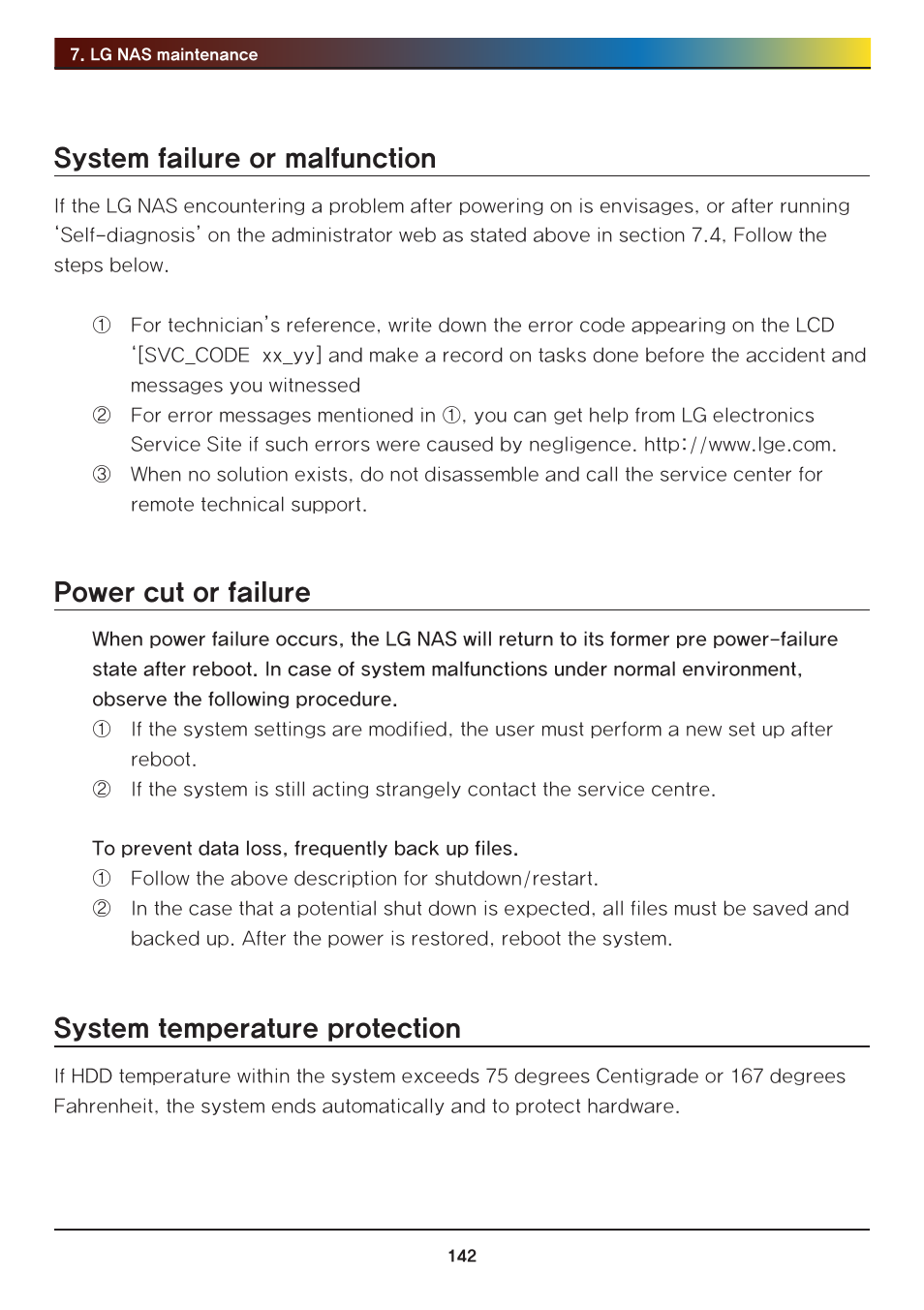 System failure or malfunction, Power cut or failure, System temperature protection | LG Network Attached Storage with built-in Blu-ray Rewriter N4B1 User Manual | Page 142 / 157