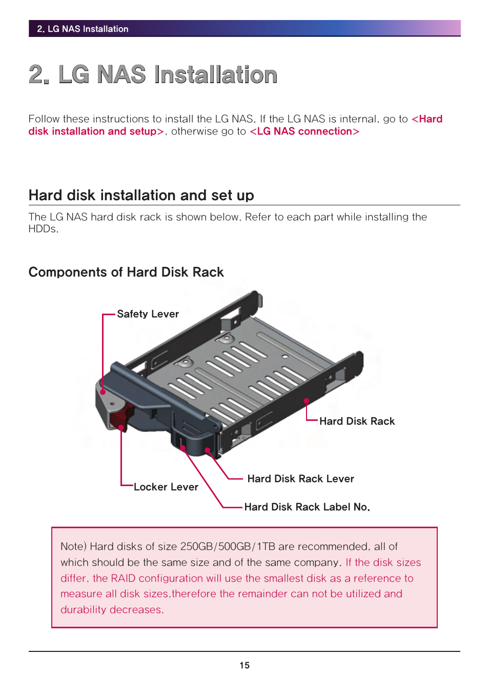 Lg nas installation, Hard disk installation and set up, Components of hard disk rack | LG Network Attached Storage with built-in Blu-ray Rewriter N4B1 User Manual | Page 15 / 157