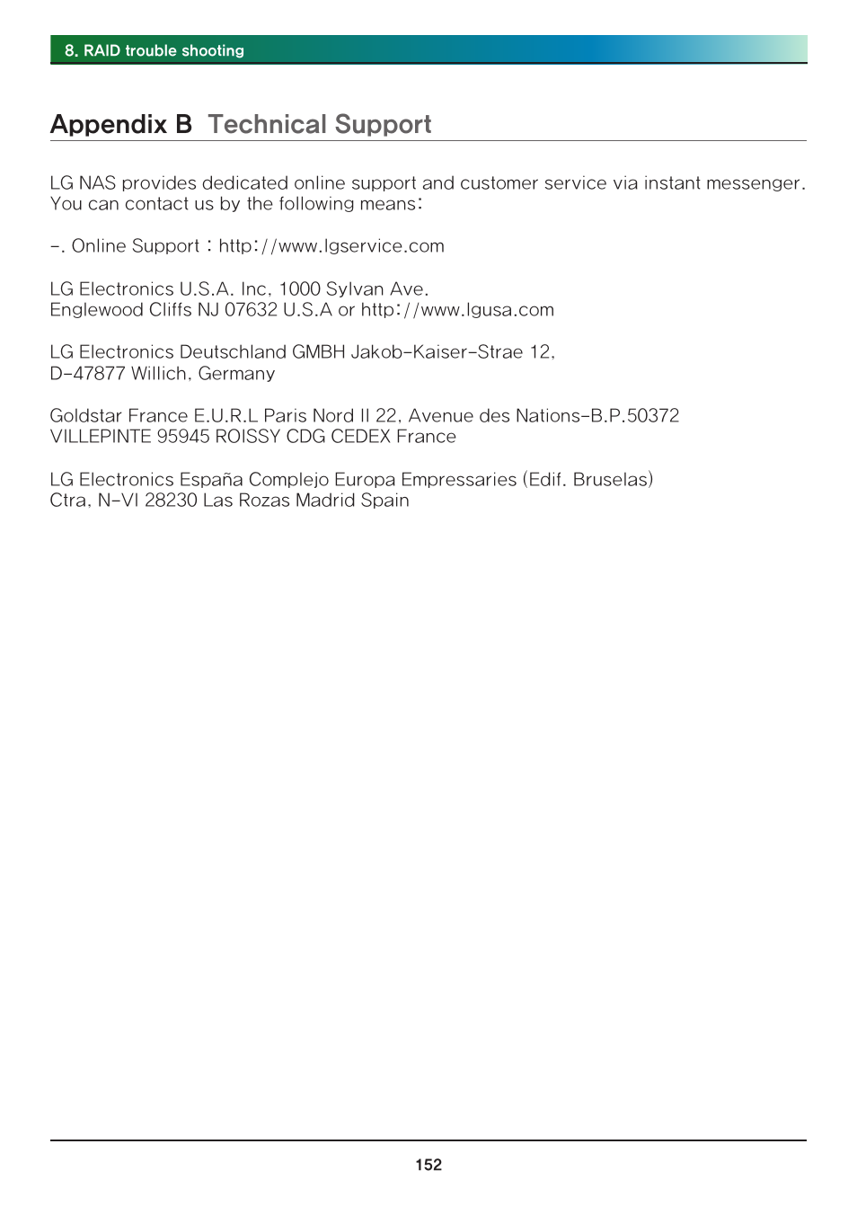 Appendix b technical support, Appendix b, Technical support | LG Network Attached Storage with built-in Blu-ray Rewriter N4B1 User Manual | Page 152 / 157