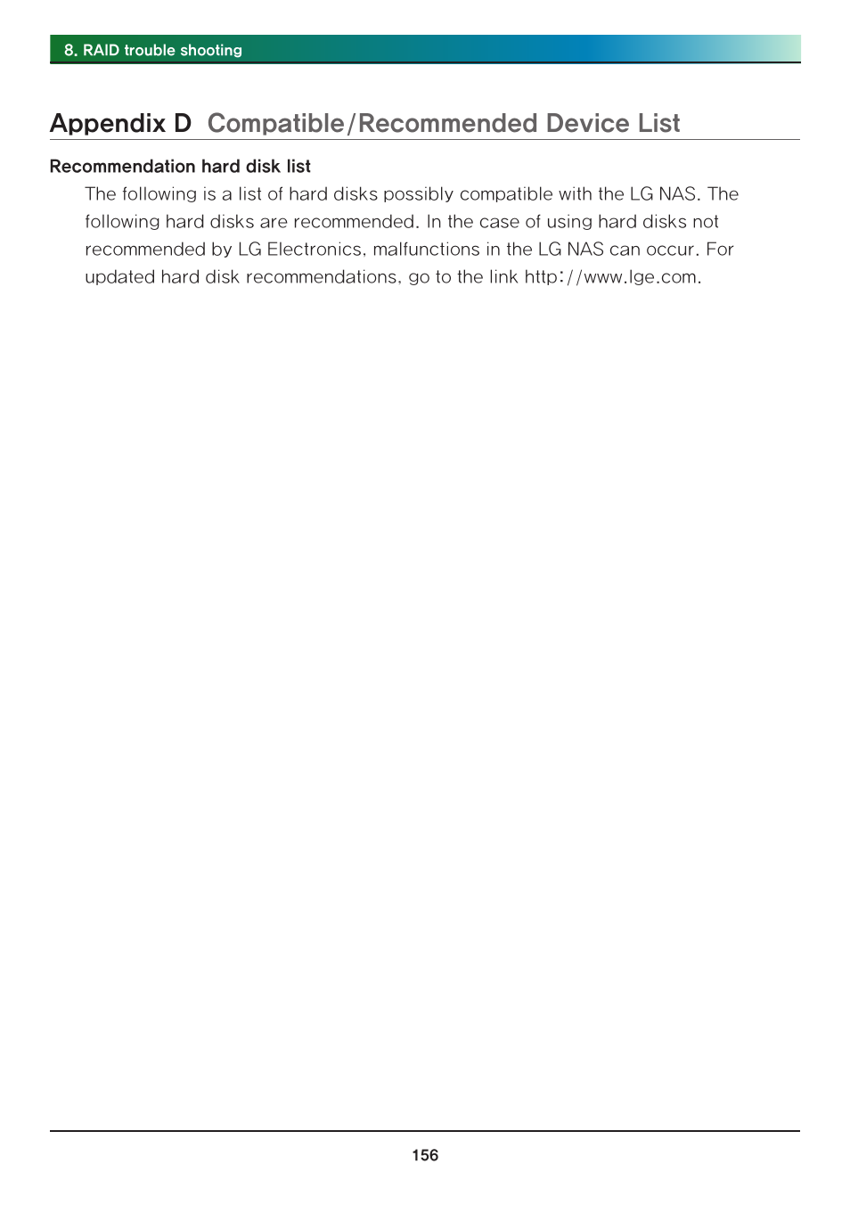 Appendix d compatible/recommended device list, Appendix d, Compatible/recommended device list | LG Network Attached Storage with built-in Blu-ray Rewriter N4B1 User Manual | Page 156 / 157