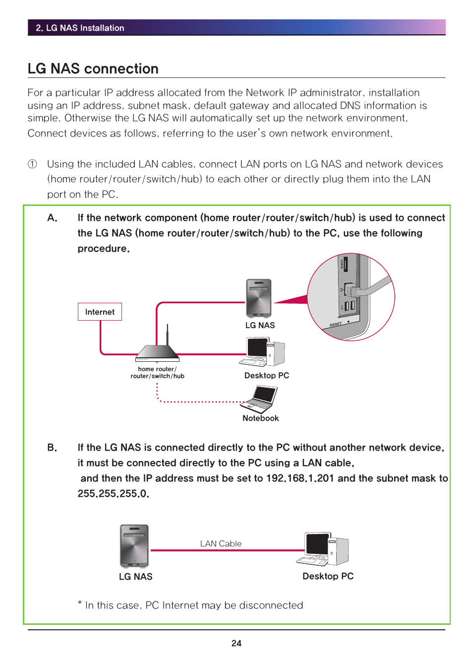 Lg nas connection, Otherwise go to | LG Network Attached Storage with built-in Blu-ray Rewriter N4B1 User Manual | Page 24 / 157
