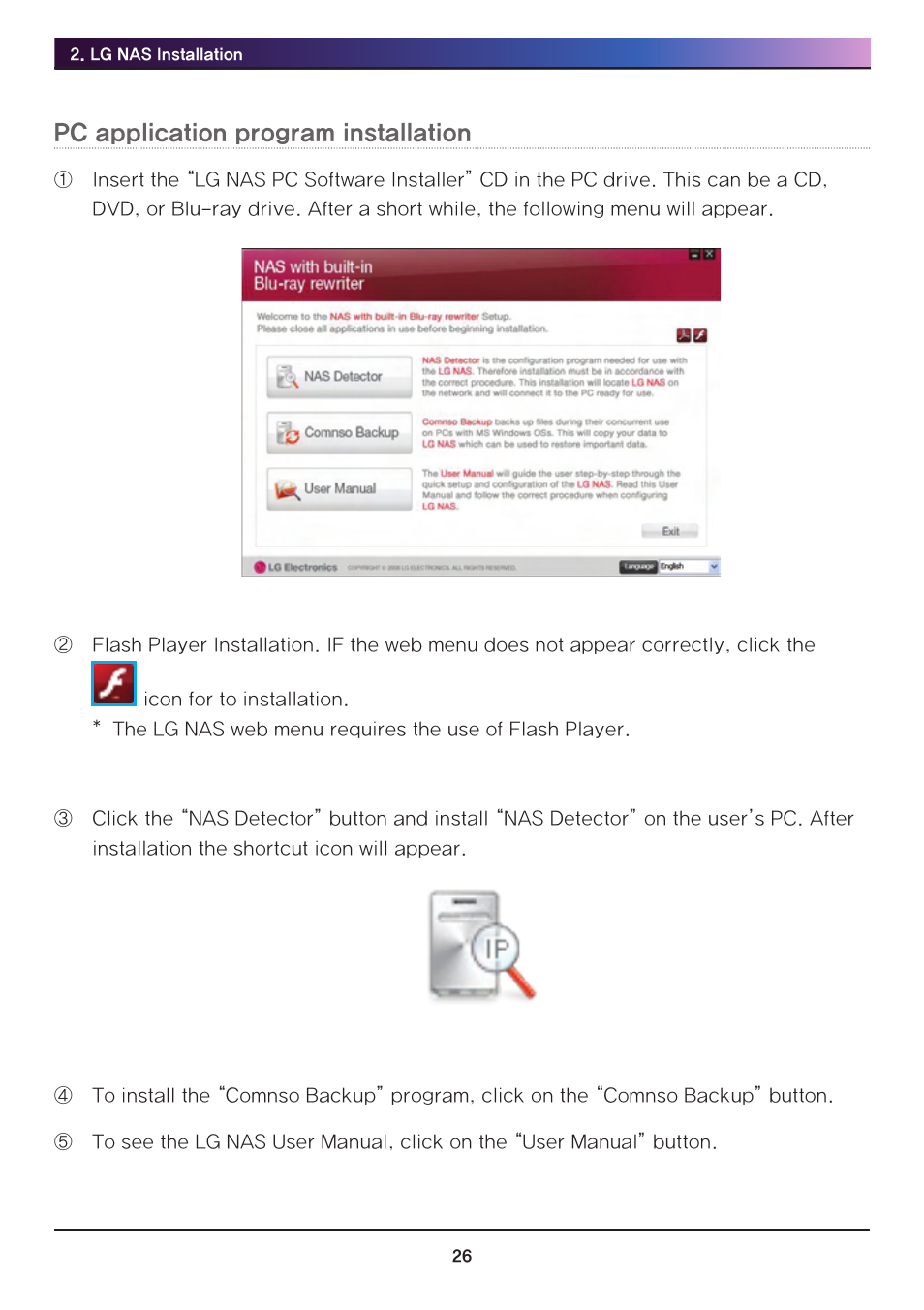 Pc application program installation | LG Network Attached Storage with built-in Blu-ray Rewriter N4B1 User Manual | Page 26 / 157