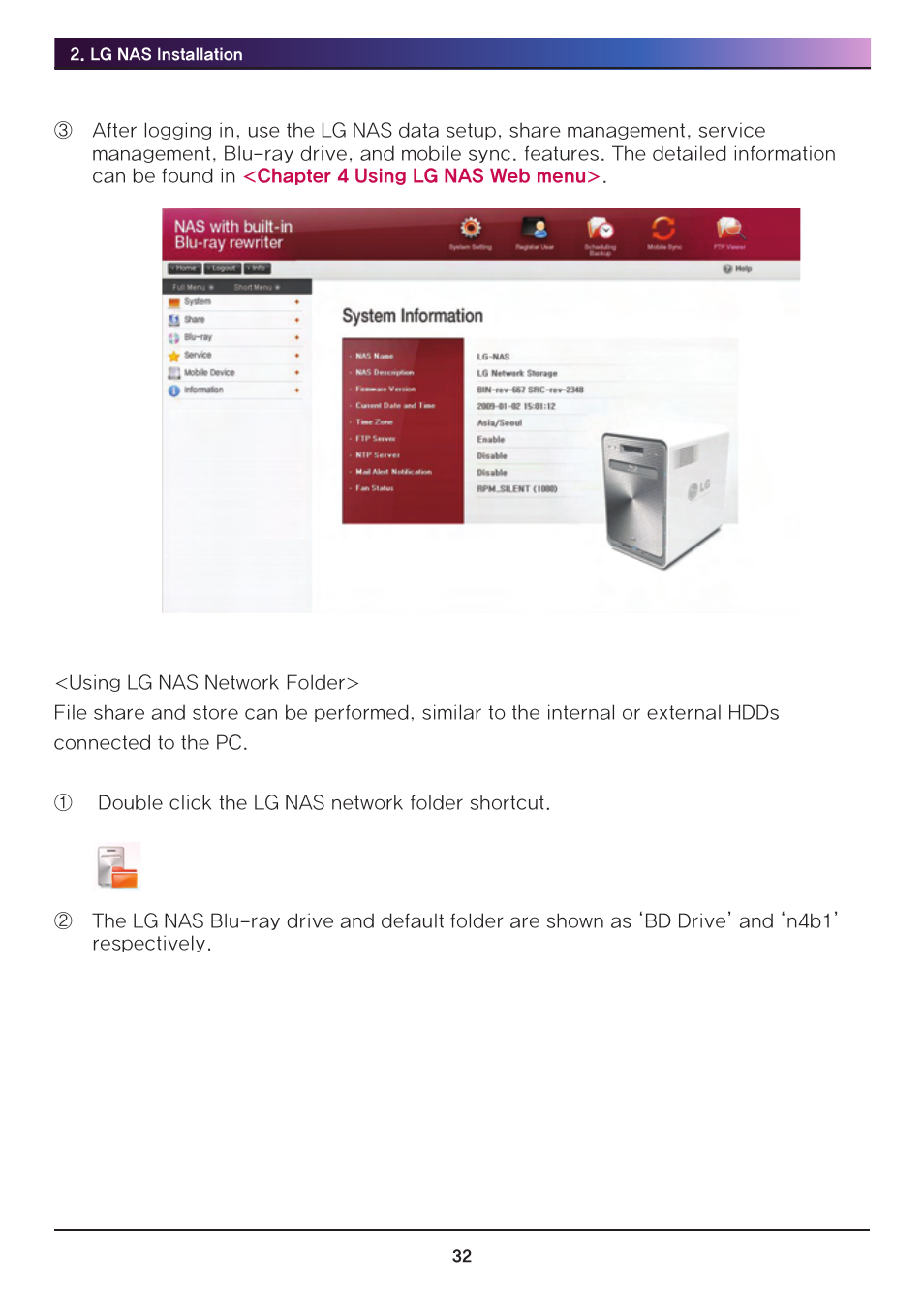 LG Network Attached Storage with built-in Blu-ray Rewriter N4B1 User Manual | Page 32 / 157