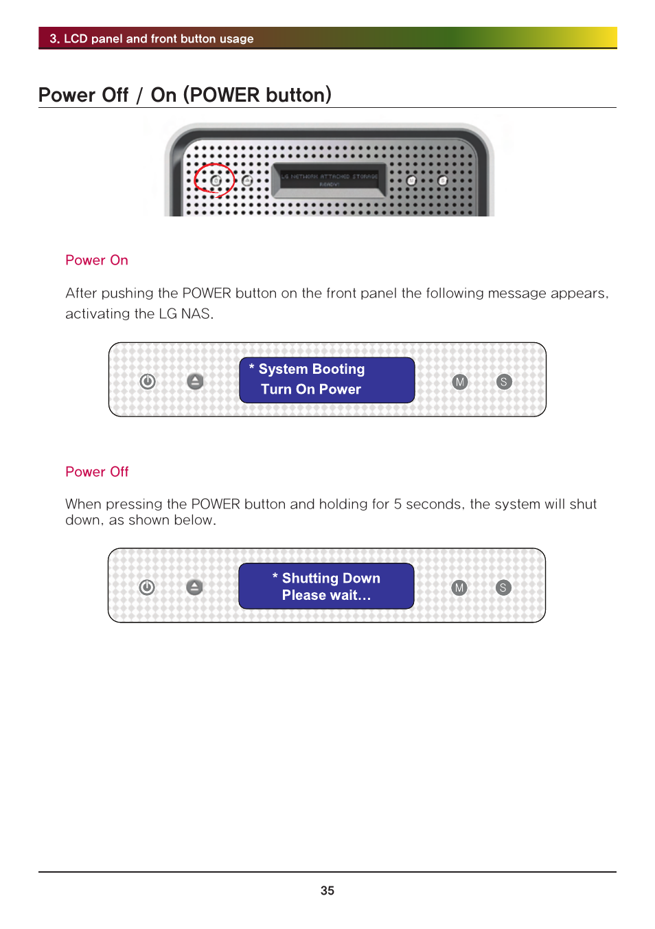 Power off / on (power button) | LG Network Attached Storage with built-in Blu-ray Rewriter N4B1 User Manual | Page 35 / 157