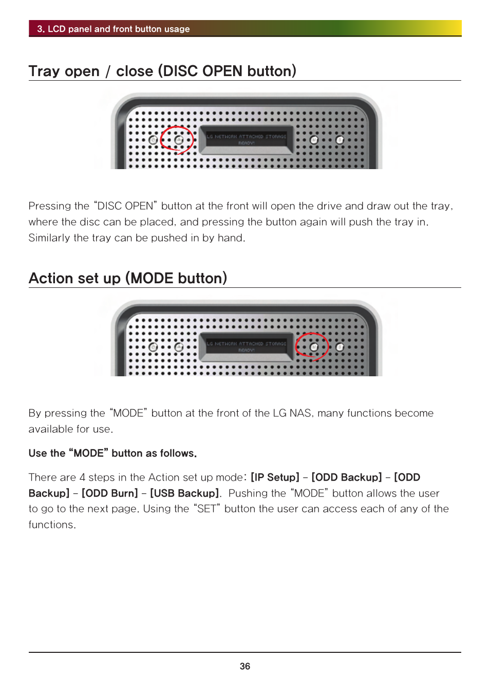 Tray open / close (disc open button), Action set up (mode button) | LG Network Attached Storage with built-in Blu-ray Rewriter N4B1 User Manual | Page 36 / 157