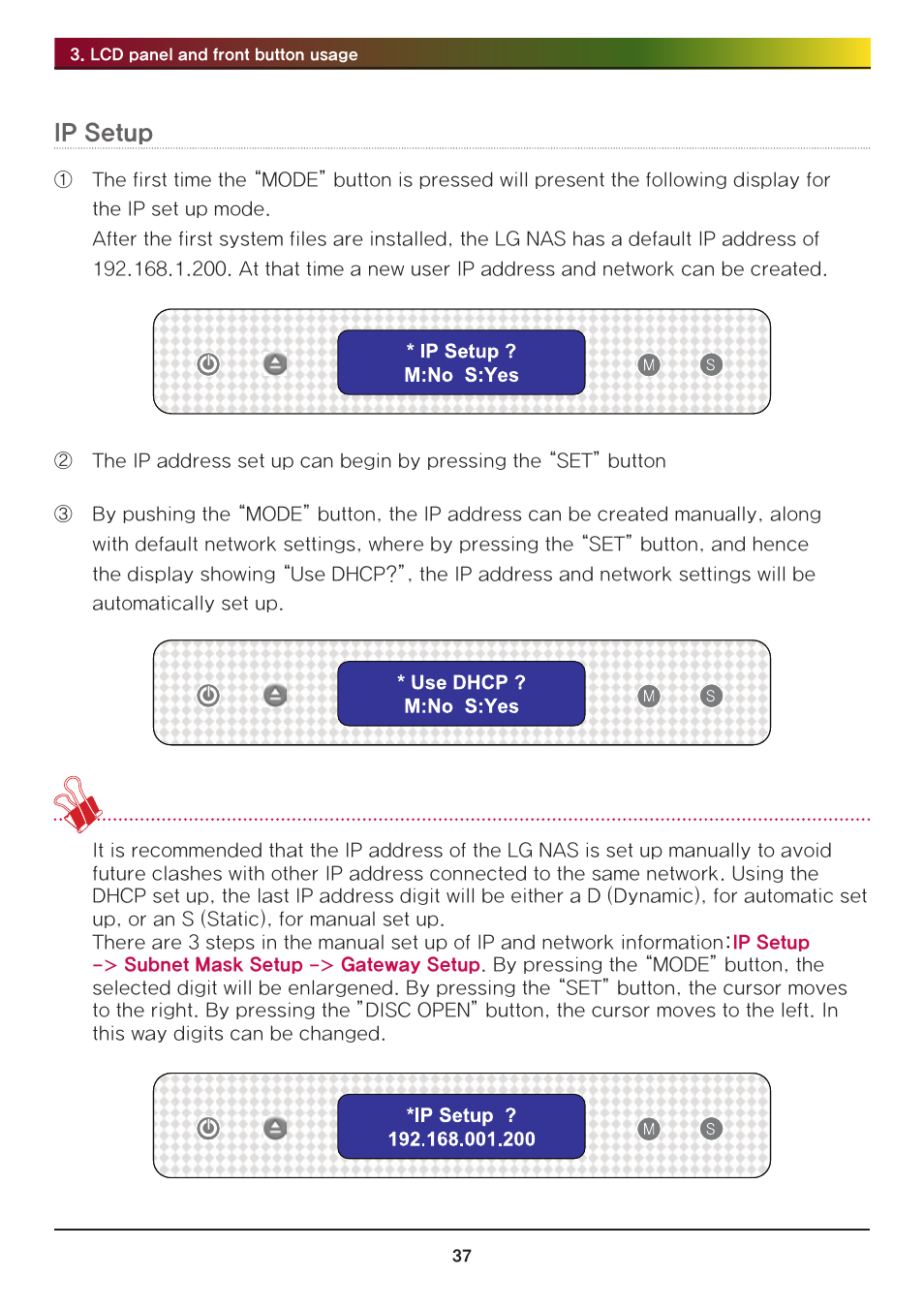 Ip setup | LG Network Attached Storage with built-in Blu-ray Rewriter N4B1 User Manual | Page 37 / 157