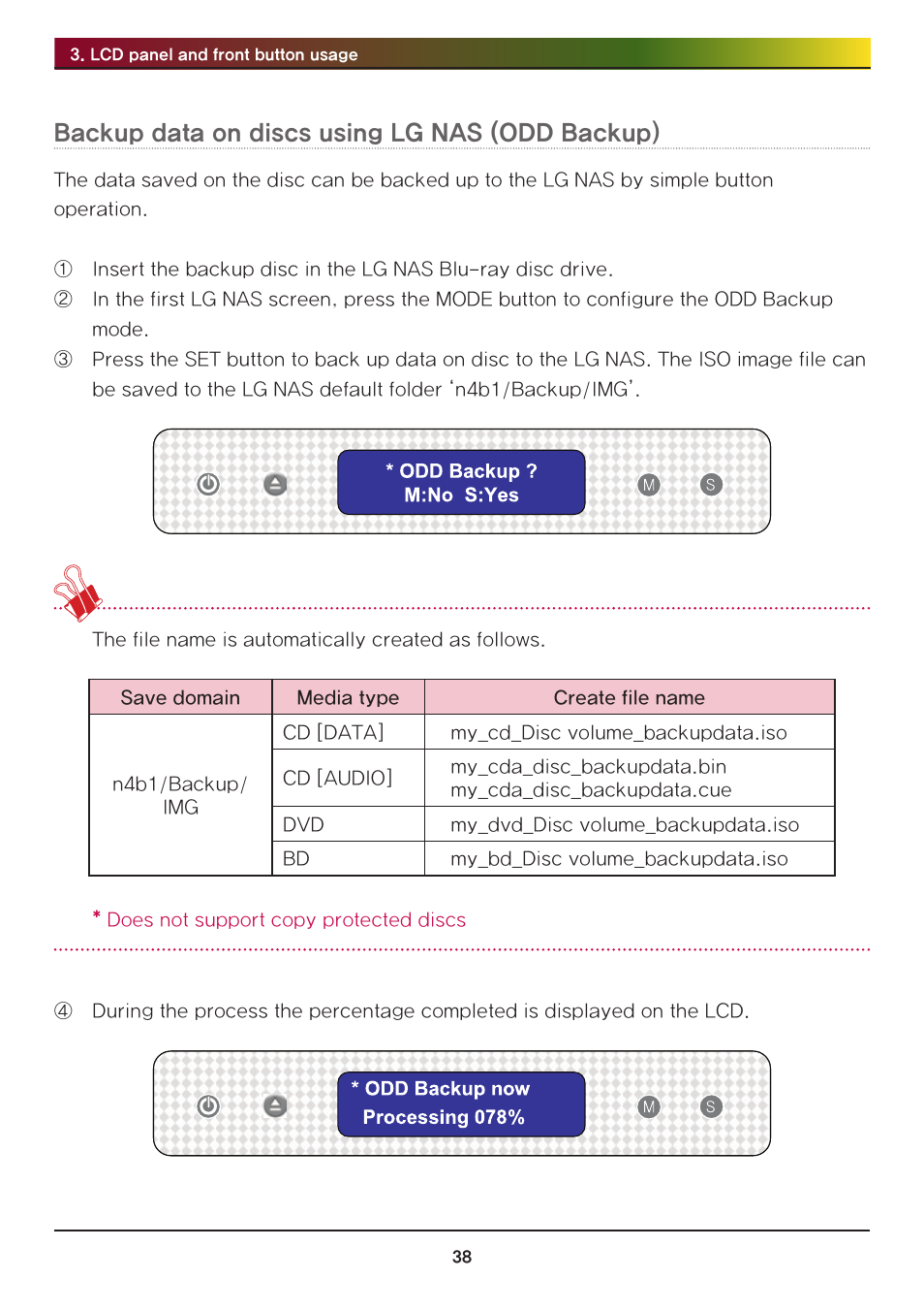 Backup data on discs using lg nas (odd backup) | LG Network Attached Storage with built-in Blu-ray Rewriter N4B1 User Manual | Page 38 / 157