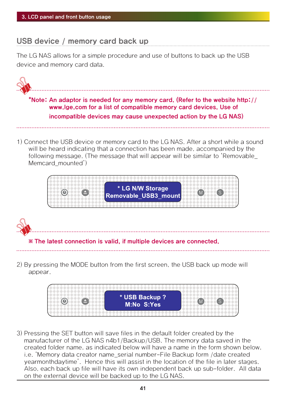 Usb device / memory card back up | LG Network Attached Storage with built-in Blu-ray Rewriter N4B1 User Manual | Page 41 / 157