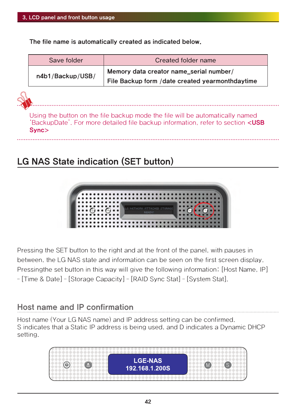 Lg nas state indication (set button), Host name and ip confirmation | LG Network Attached Storage with built-in Blu-ray Rewriter N4B1 User Manual | Page 42 / 157