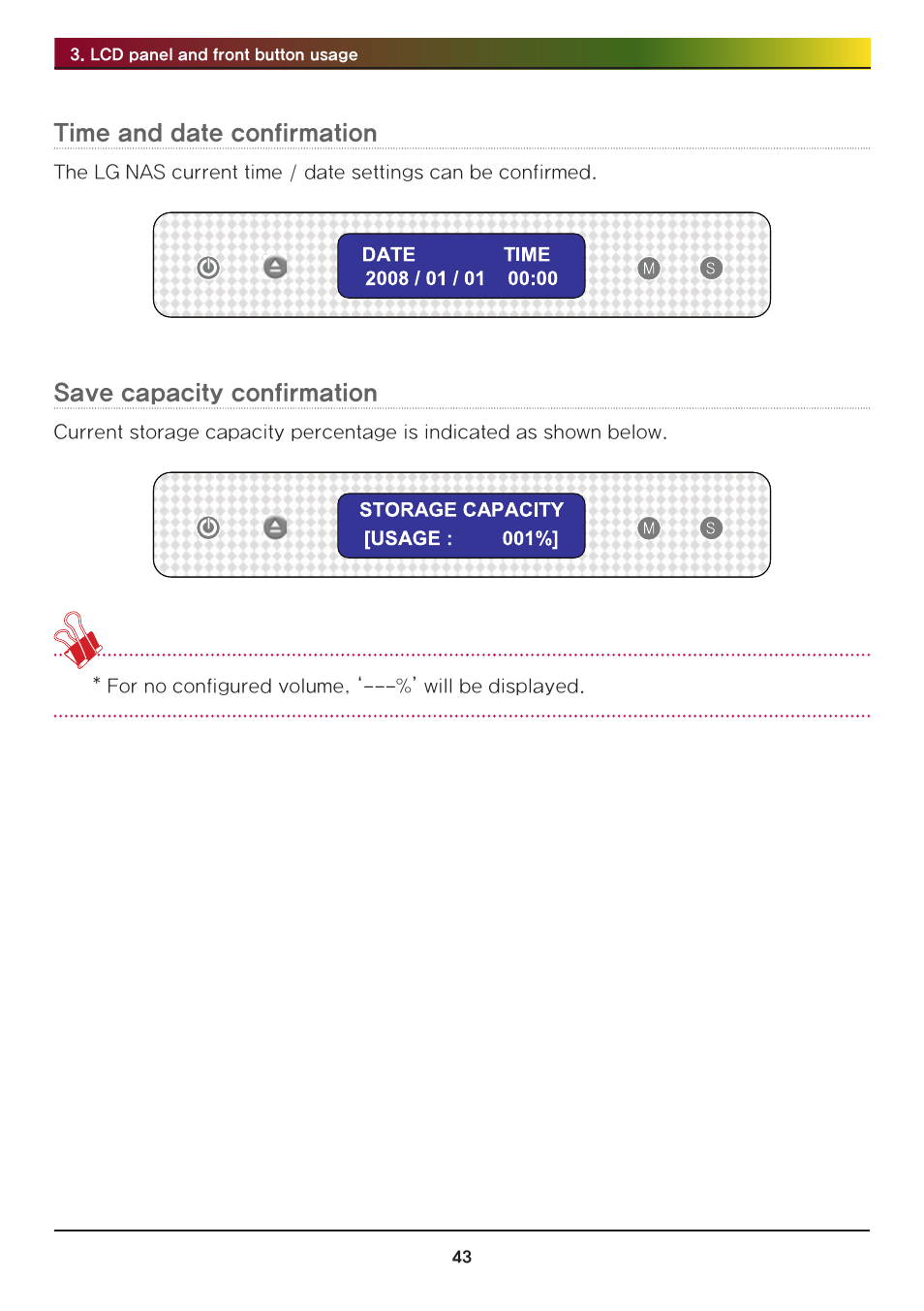 Time and date confirmation, Save capacity confirmation | LG Network Attached Storage with built-in Blu-ray Rewriter N4B1 User Manual | Page 43 / 157