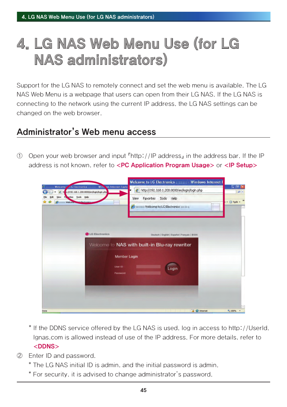 lg nas web menu use (for lg nas administrators), Administrator’s web menu access, Lg nas web menu use | For lg nas administrators), Lg nas web menu use (for lg nas administrators) | LG Network Attached Storage with built-in Blu-ray Rewriter N4B1 User Manual | Page 45 / 157