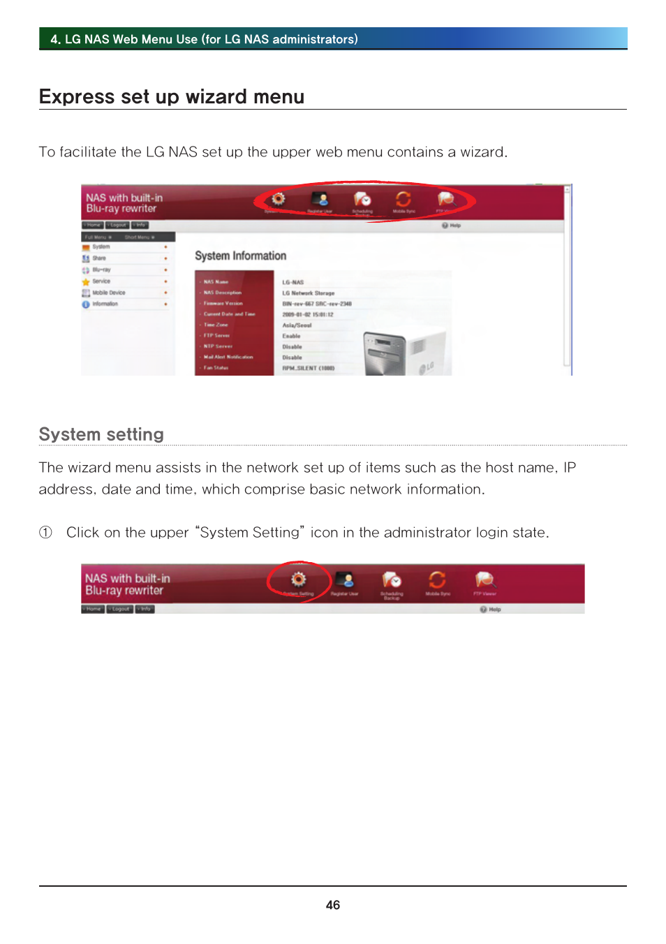 Express set up wizard menu, System setting | LG Network Attached Storage with built-in Blu-ray Rewriter N4B1 User Manual | Page 46 / 157