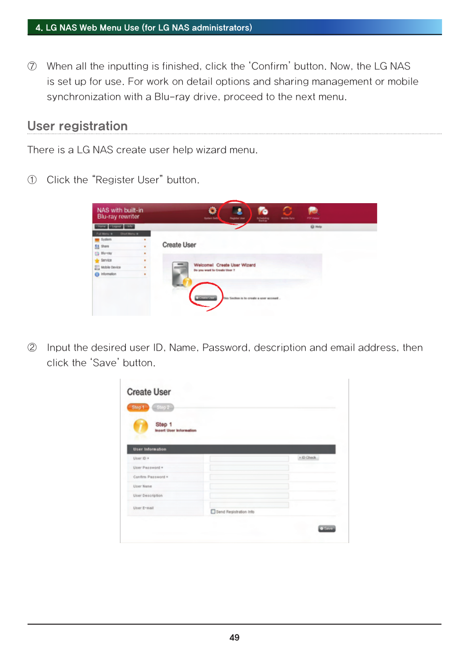 User registration | LG Network Attached Storage with built-in Blu-ray Rewriter N4B1 User Manual | Page 49 / 157