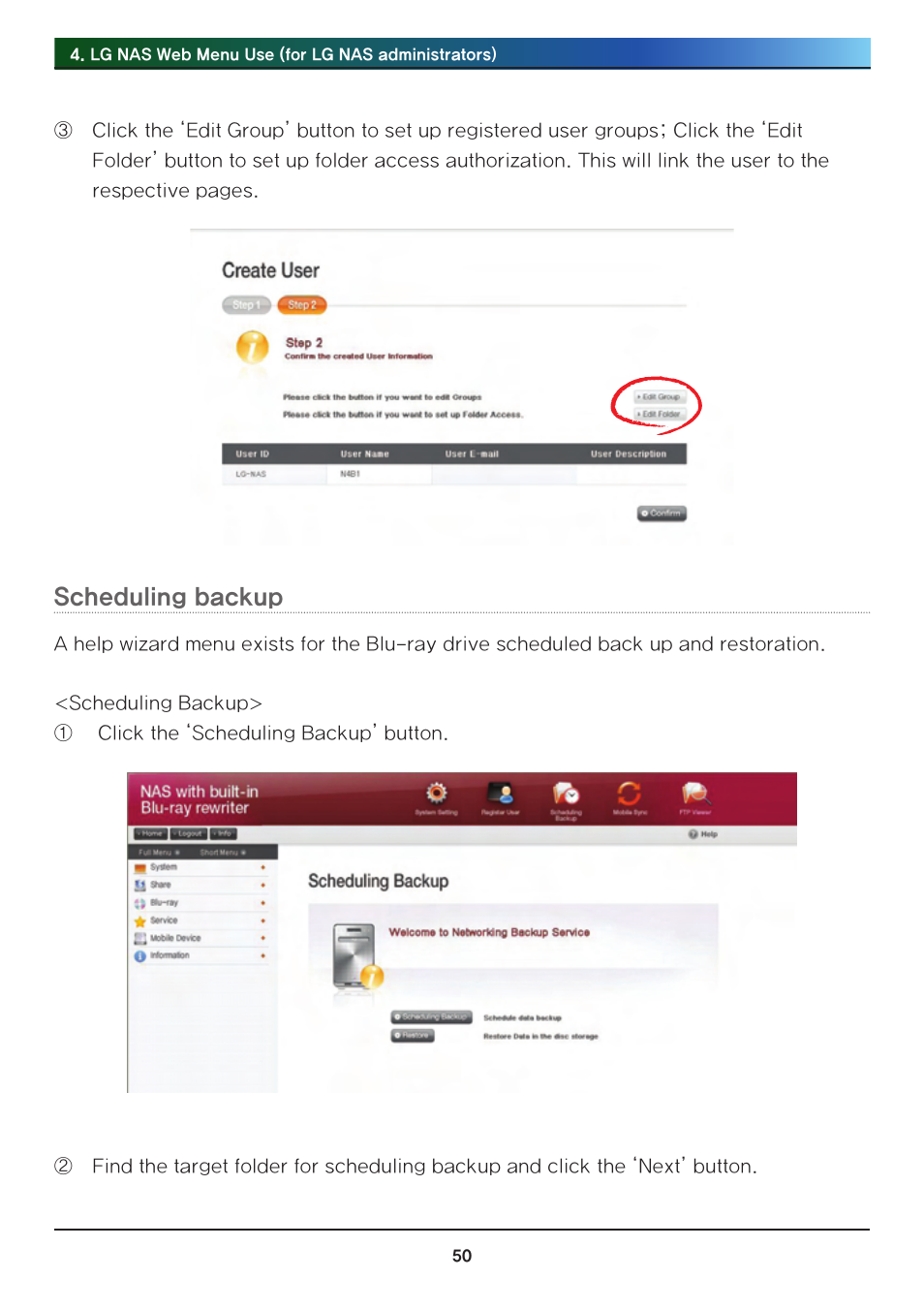 Scheduling backup | LG Network Attached Storage with built-in Blu-ray Rewriter N4B1 User Manual | Page 50 / 157