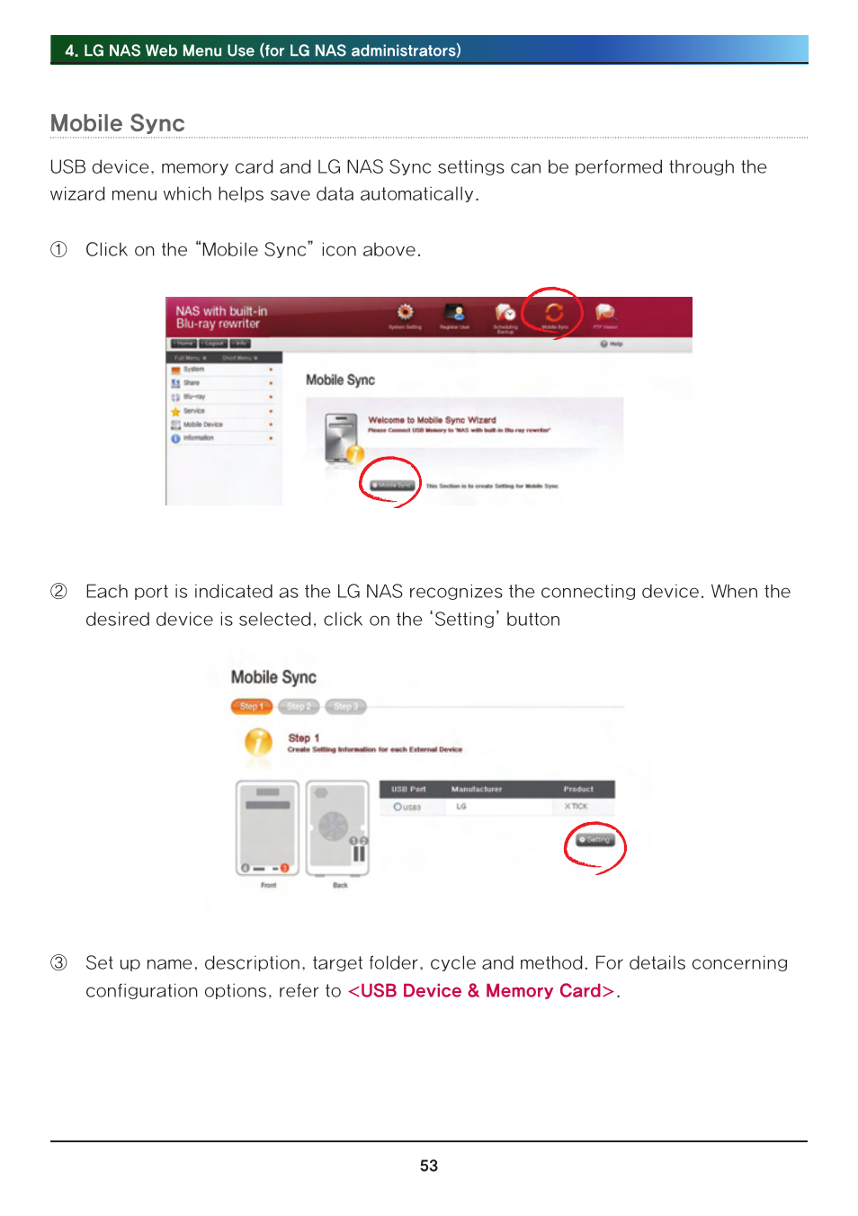 Mobile sync | LG Network Attached Storage with built-in Blu-ray Rewriter N4B1 User Manual | Page 53 / 157