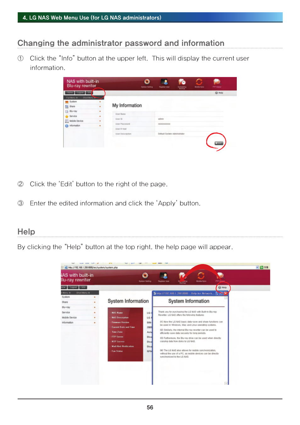 Help | LG Network Attached Storage with built-in Blu-ray Rewriter N4B1 User Manual | Page 56 / 157