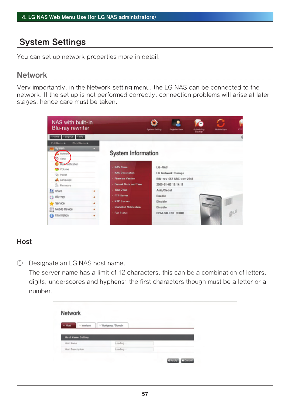 System settings, Network, Host | LG Network Attached Storage with built-in Blu-ray Rewriter N4B1 User Manual | Page 57 / 157