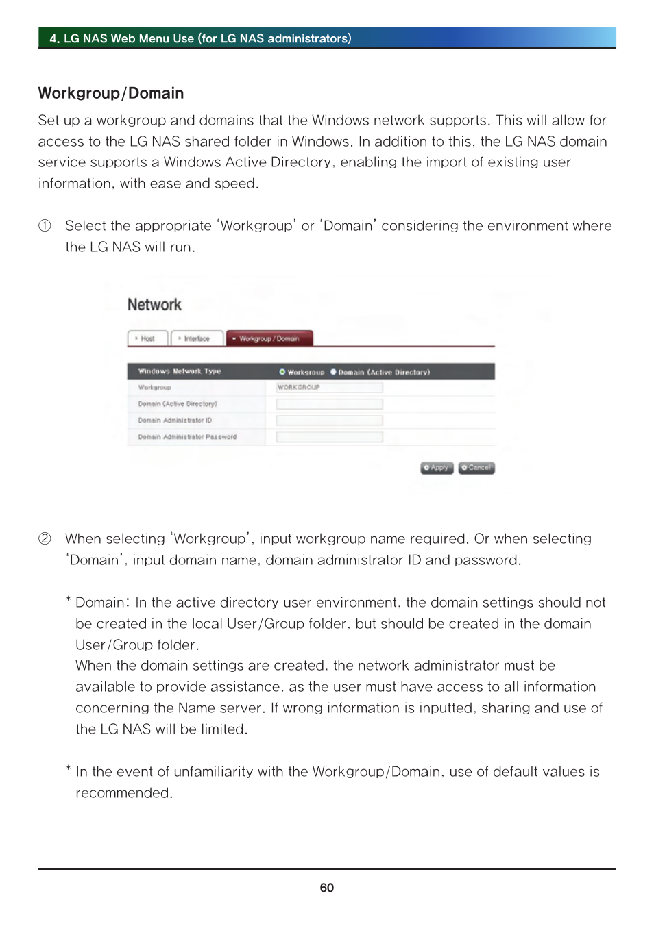 Workgroup/domain | LG Network Attached Storage with built-in Blu-ray Rewriter N4B1 User Manual | Page 60 / 157