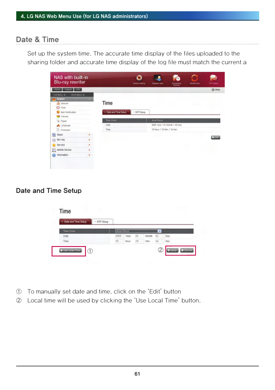 Date & time, Date and time setup | LG Network Attached Storage with built-in Blu-ray Rewriter N4B1 User Manual | Page 61 / 157