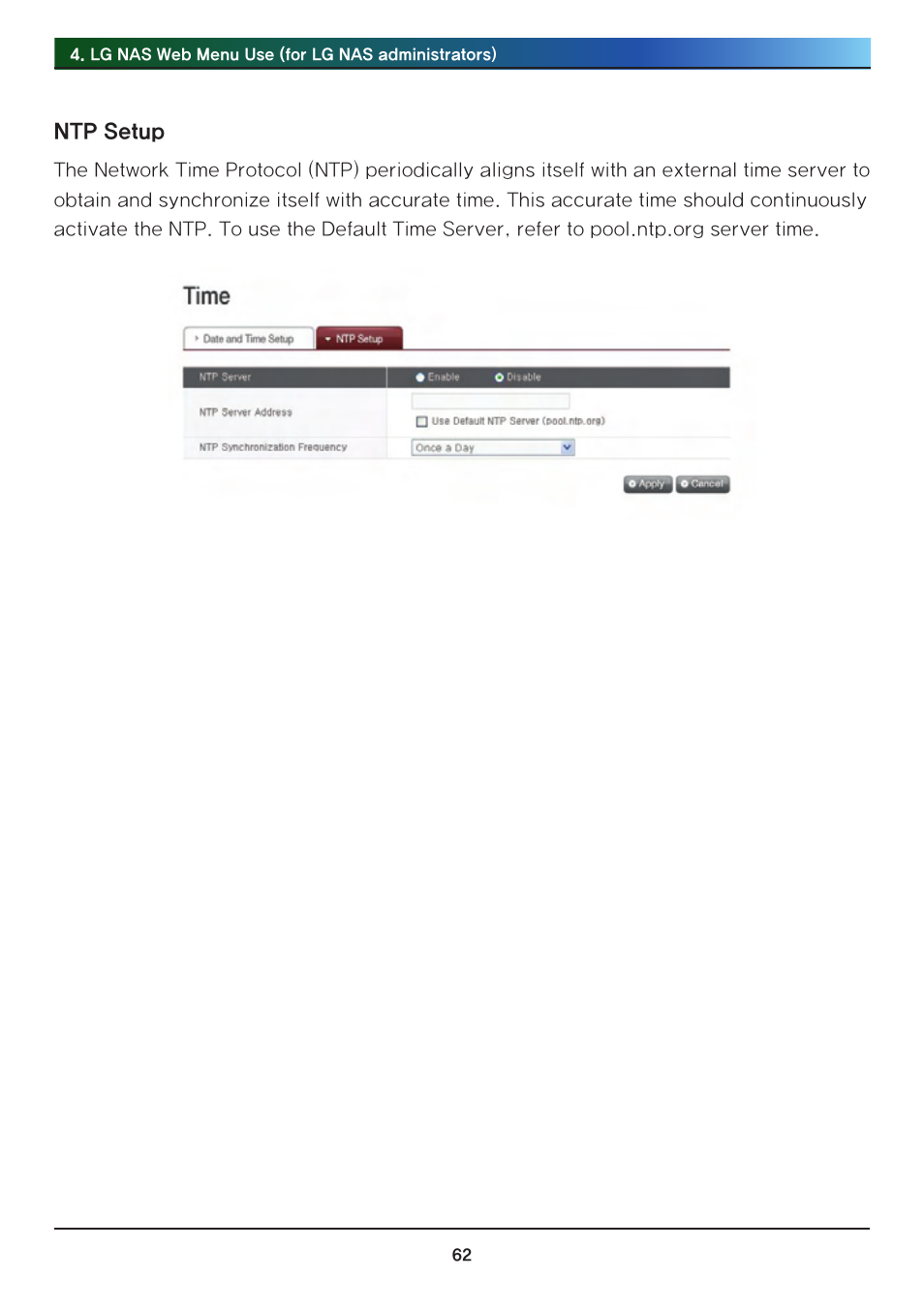 Ntp setup | LG Network Attached Storage with built-in Blu-ray Rewriter N4B1 User Manual | Page 62 / 157