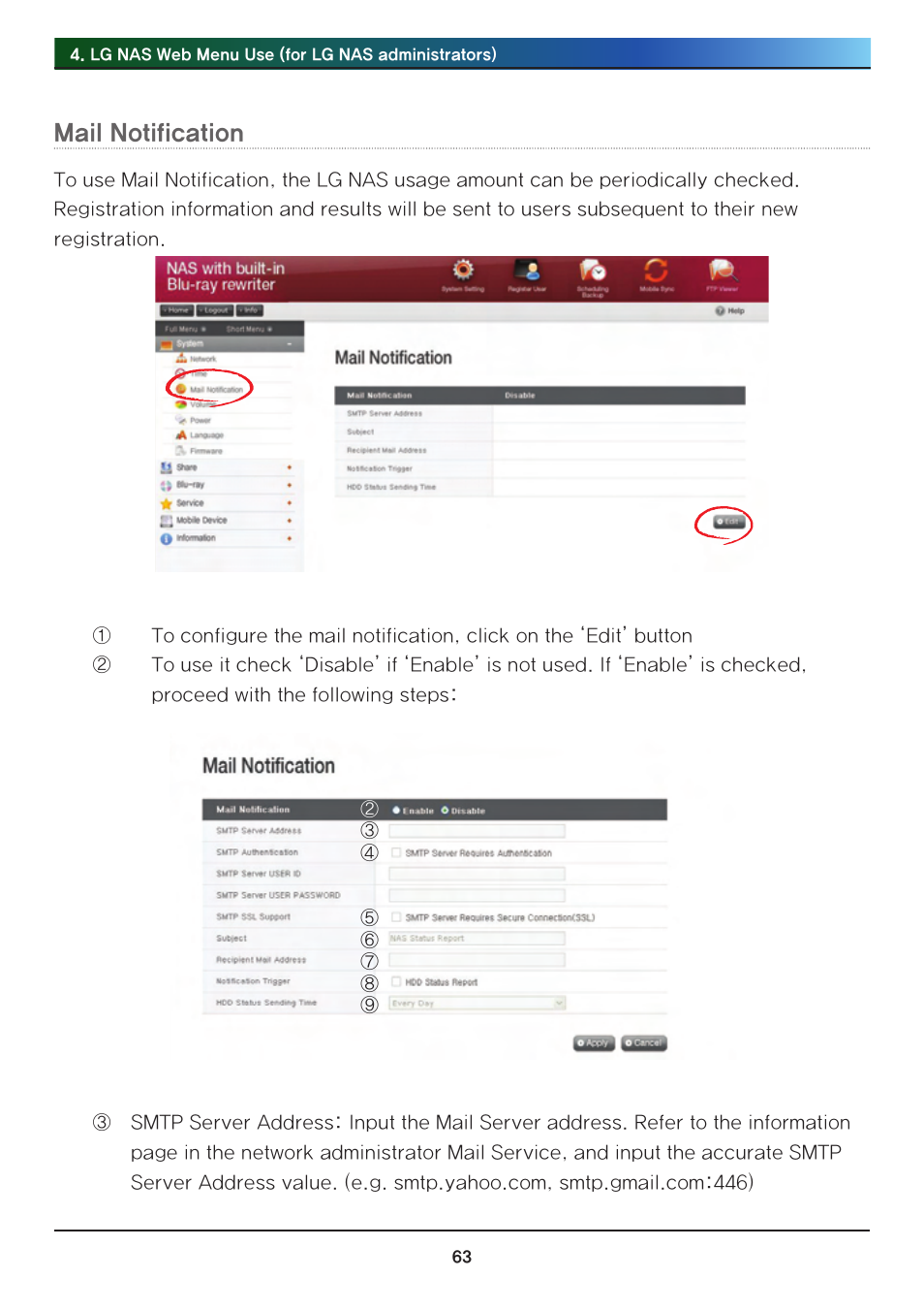 Mail notification | LG Network Attached Storage with built-in Blu-ray Rewriter N4B1 User Manual | Page 63 / 157