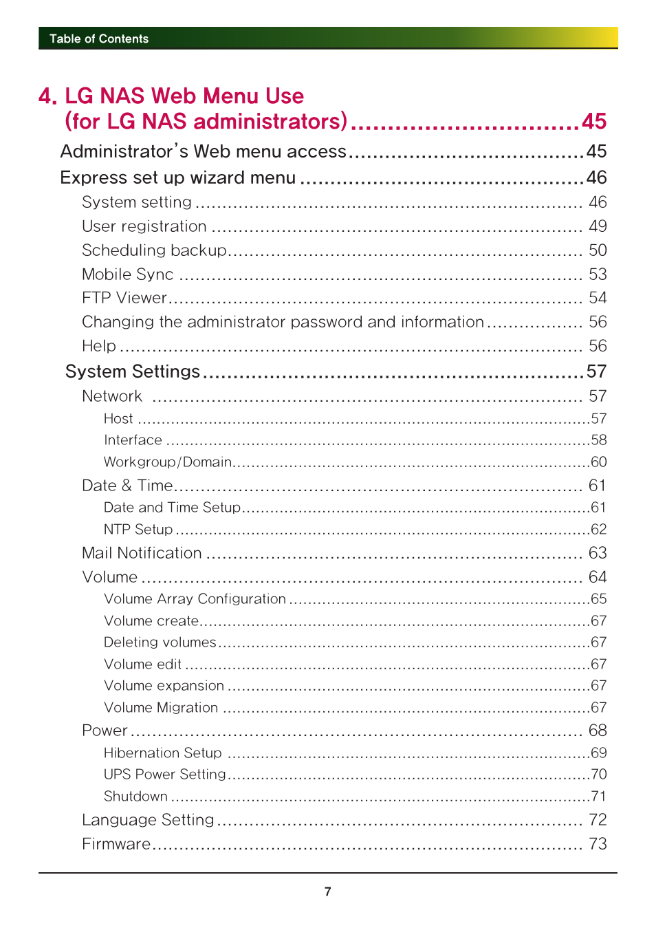 Lg nas web menu use (for lg nas administrators) | LG Network Attached Storage with built-in Blu-ray Rewriter N4B1 User Manual | Page 7 / 157