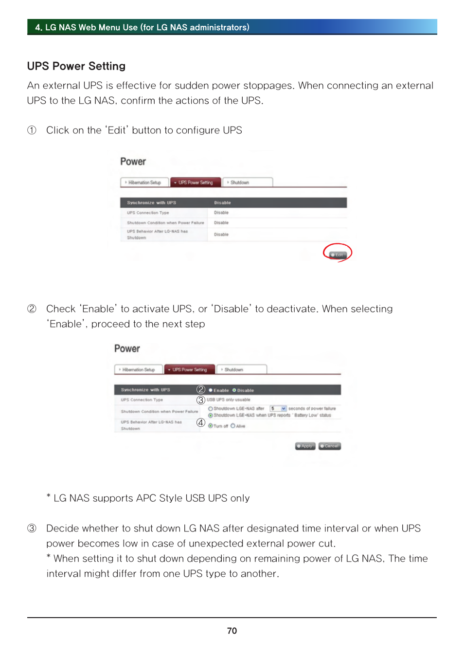 Ups power setting | LG Network Attached Storage with built-in Blu-ray Rewriter N4B1 User Manual | Page 70 / 157