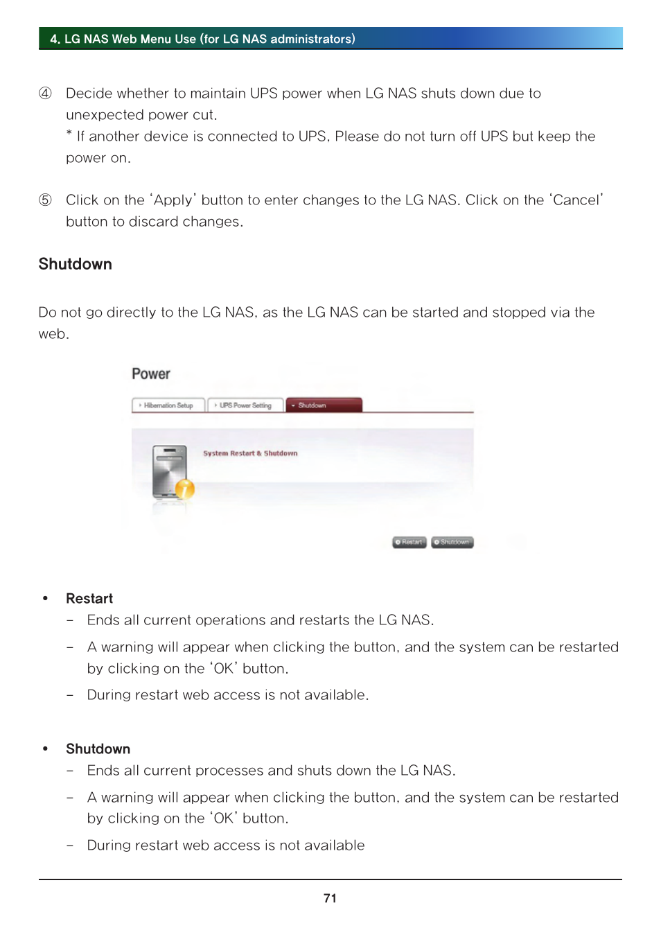 Shutdown | LG Network Attached Storage with built-in Blu-ray Rewriter N4B1 User Manual | Page 71 / 157