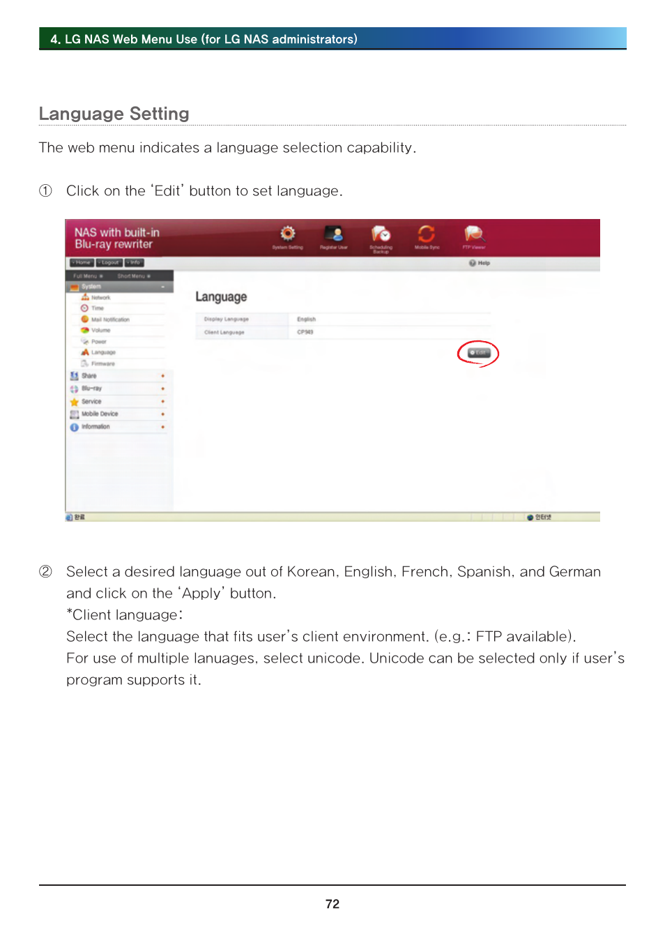 Language setting | LG Network Attached Storage with built-in Blu-ray Rewriter N4B1 User Manual | Page 72 / 157