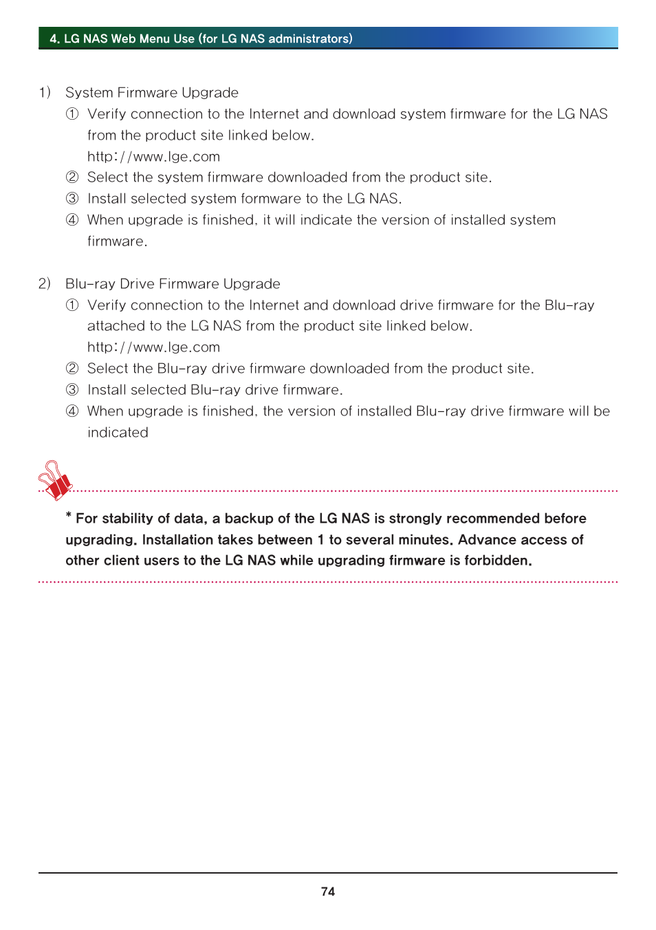 LG Network Attached Storage with built-in Blu-ray Rewriter N4B1 User Manual | Page 74 / 157