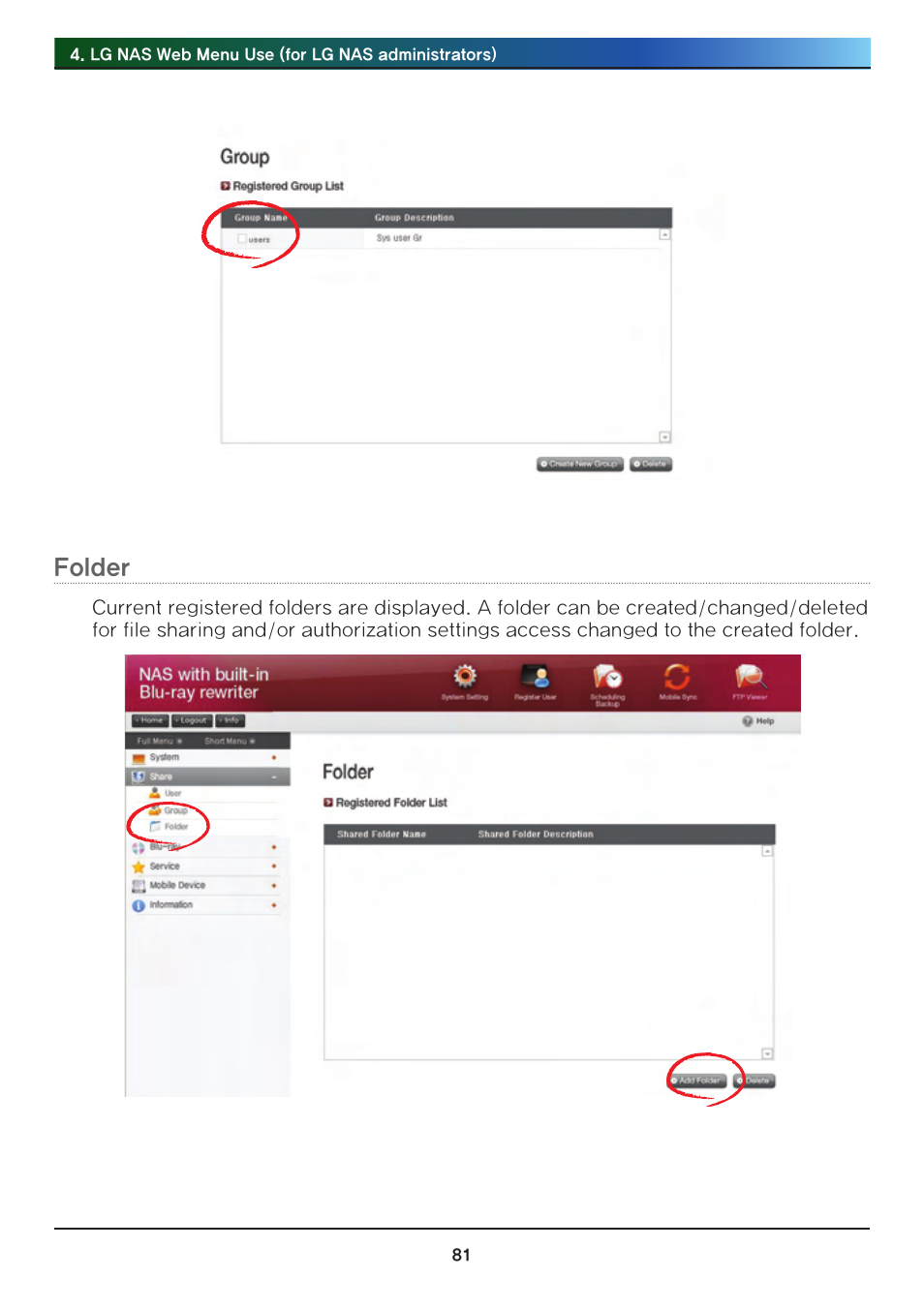 Folder | LG Network Attached Storage with built-in Blu-ray Rewriter N4B1 User Manual | Page 81 / 157