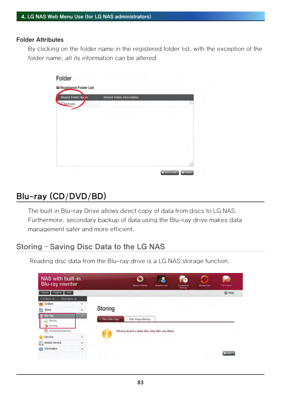 Blu-ray (cd/dvd/bd), Storing – saving disc data to the lg nas | LG Network Attached Storage with built-in Blu-ray Rewriter N4B1 User Manual | Page 83 / 157