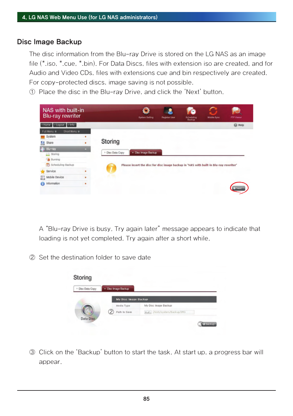 Disc image backup | LG Network Attached Storage with built-in Blu-ray Rewriter N4B1 User Manual | Page 85 / 157